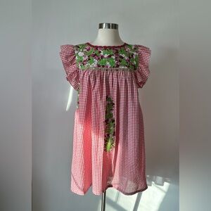 Mi Golondrina Red Gingham Embroidered Short Ruffle Mexican Dress In Red /Size XS